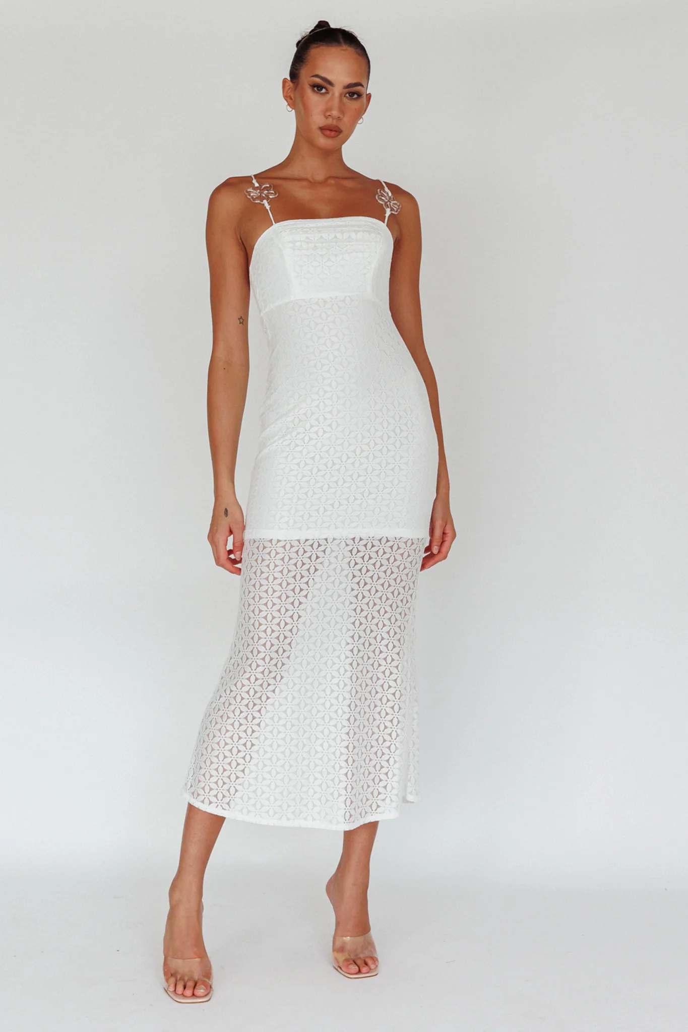 Lazy Daisy Flower Strap Midi Dress White