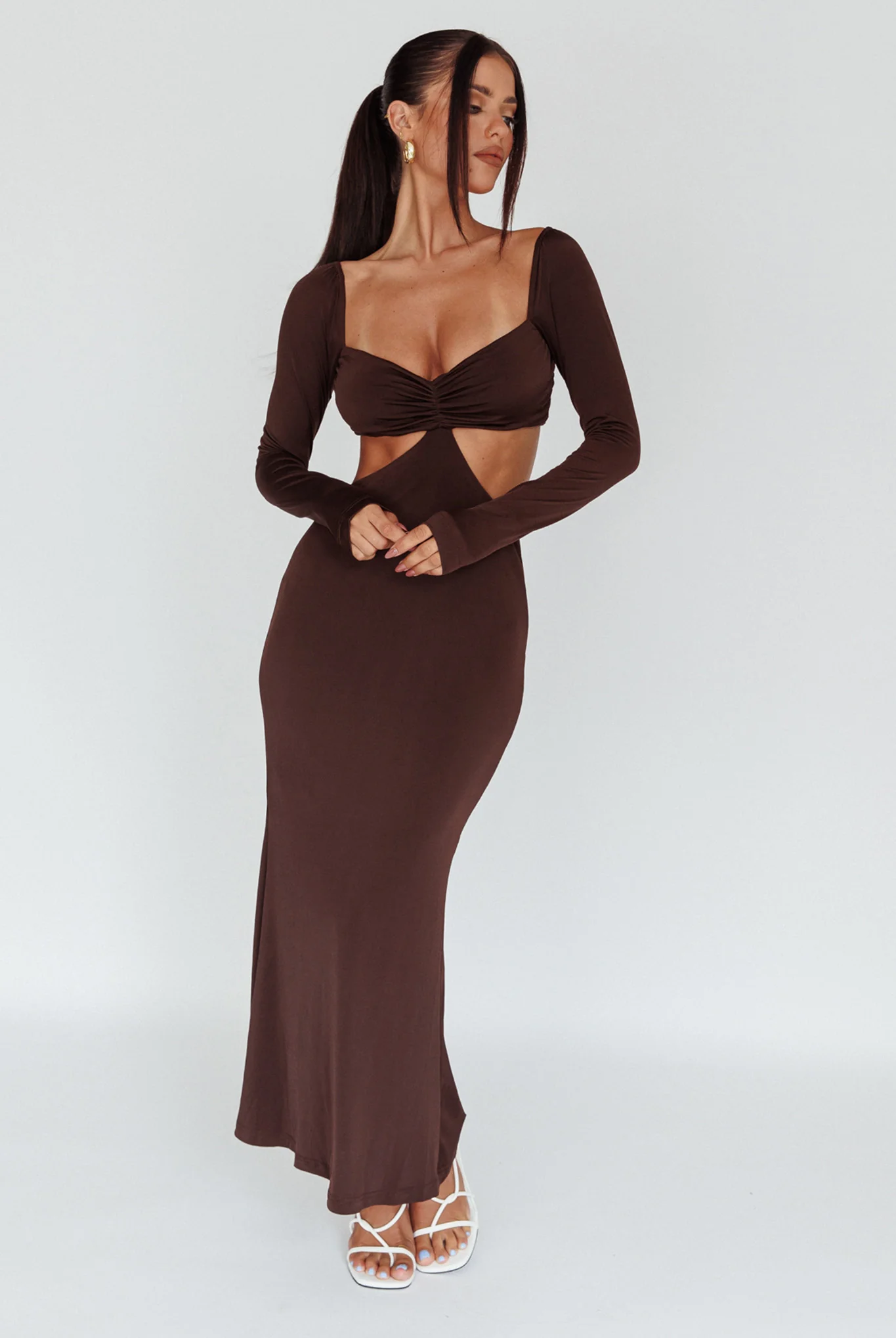 Vienna Long Sleeve Cut-Out Waist Maxi Dress Chocolate