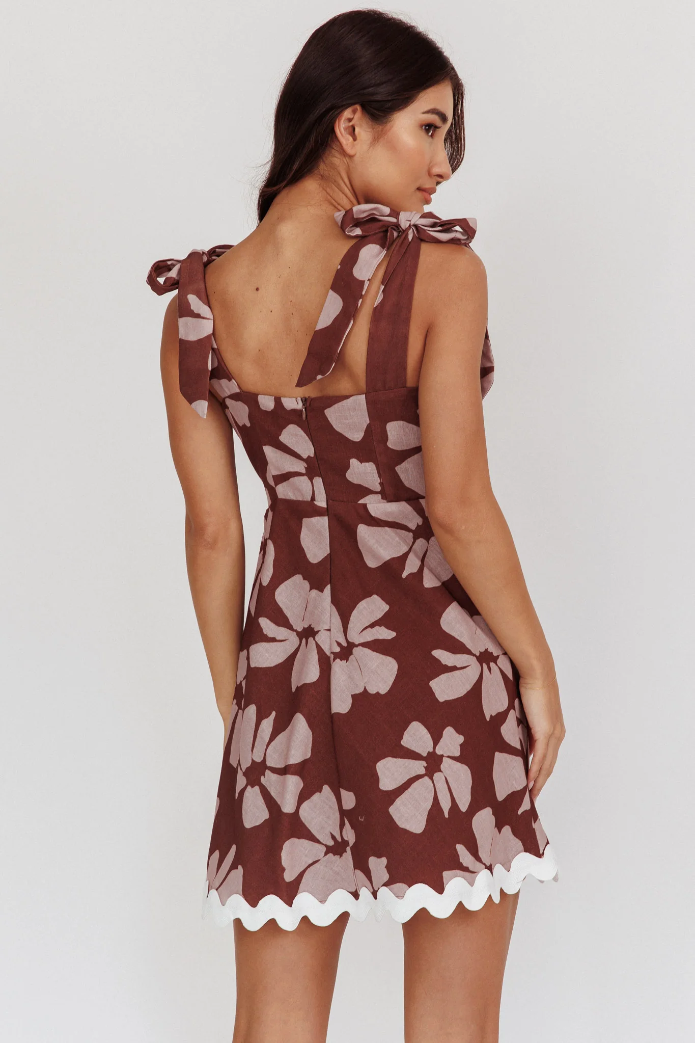Mykonos Morning Tied Shoulder Mini Dress Floral Brown