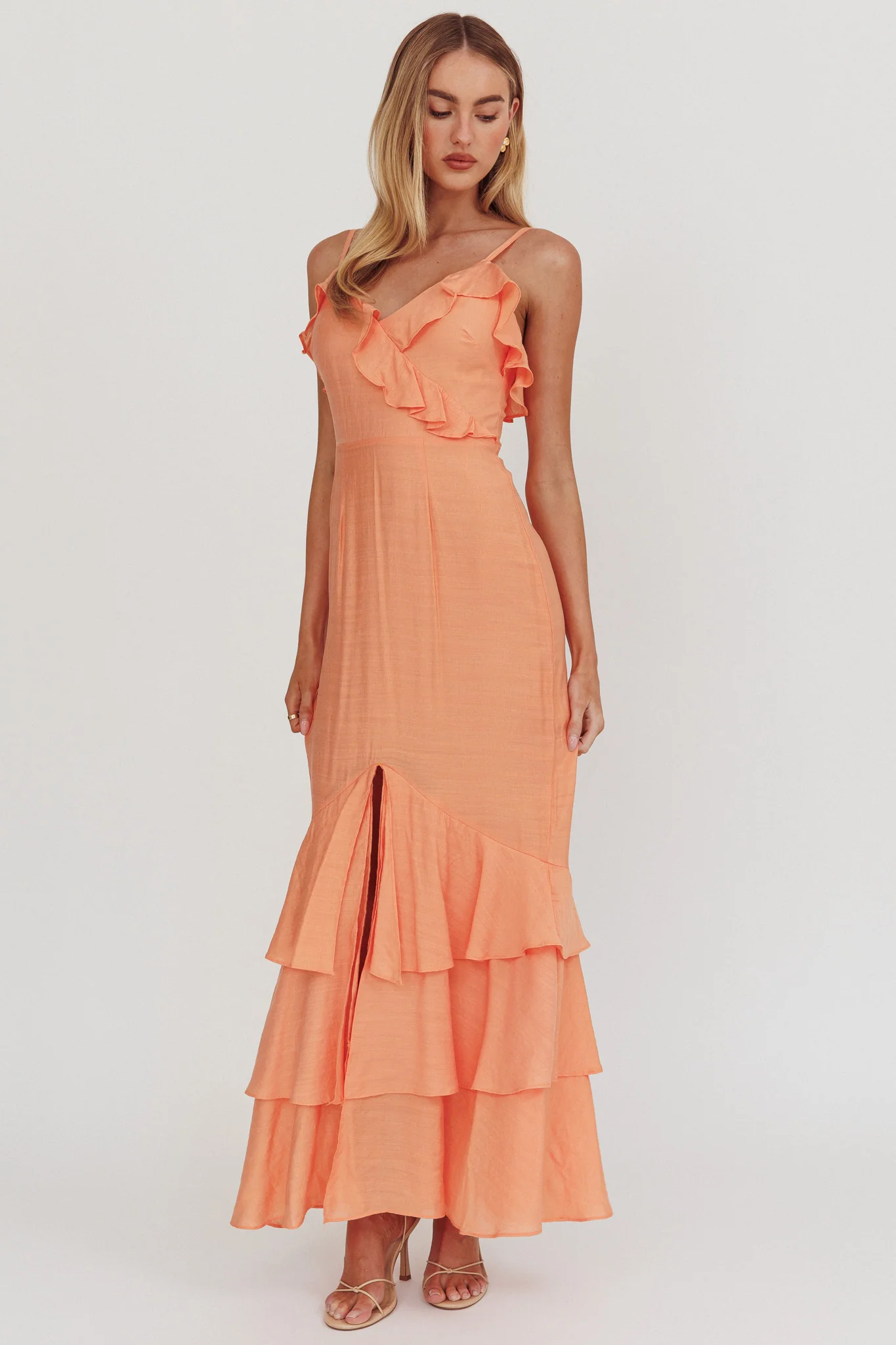 Silvana Frill Trim Split Maxi Dress Orange