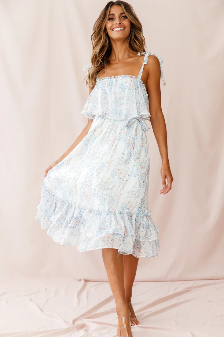 Maeve Shoulder Tie Layered Ruffle Dress White