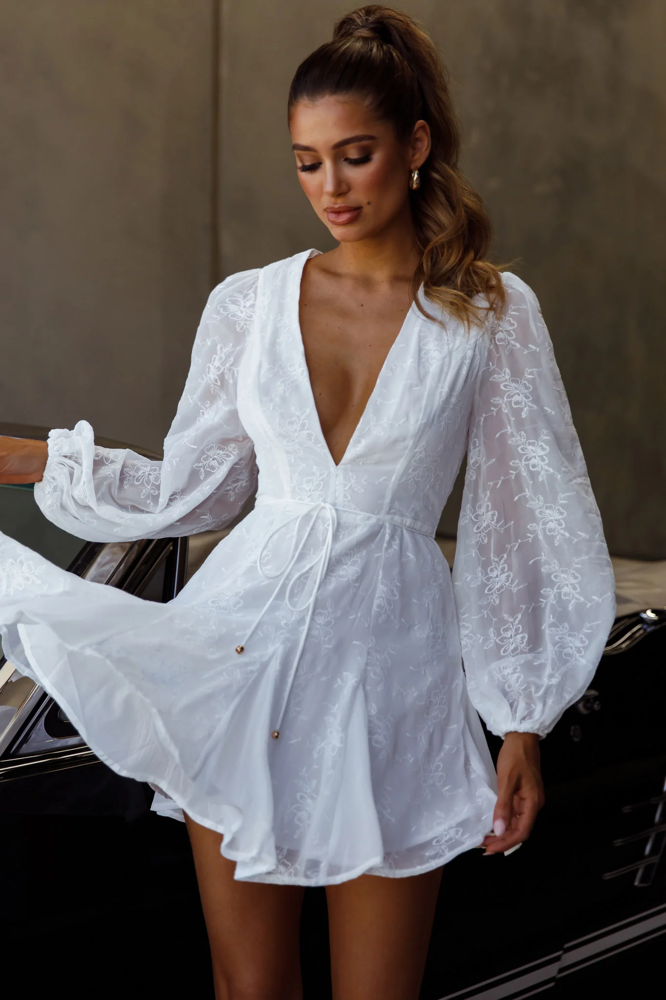 Estelle Long Sleeve V-Neckline Dress Embroidered White