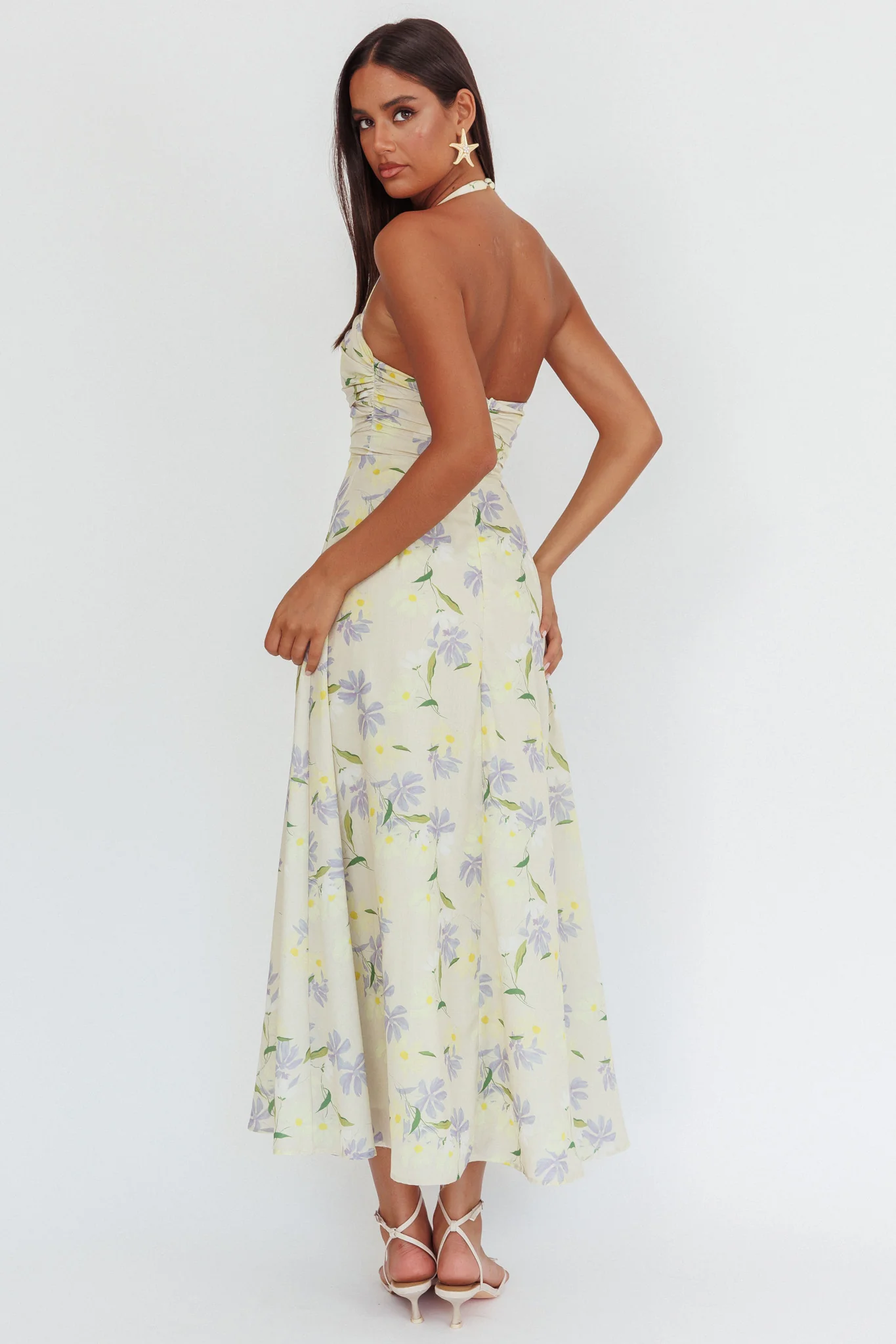 Auriana Asymmetric Neckline Halter maxi Dress Floral Lemon