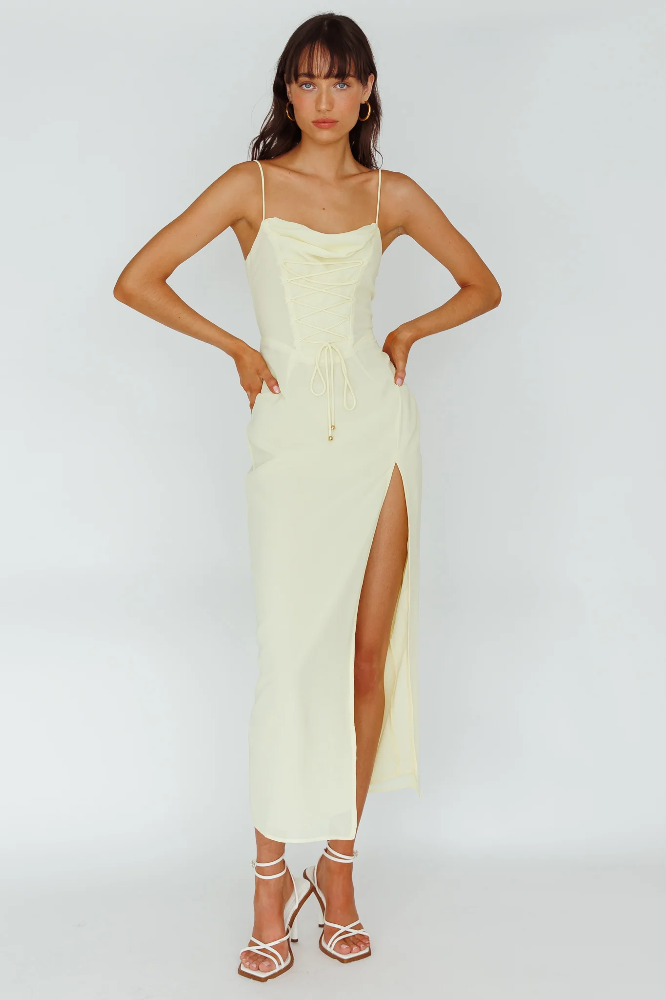 Ryanna Laced Bodice Split Midi Dress Yellow