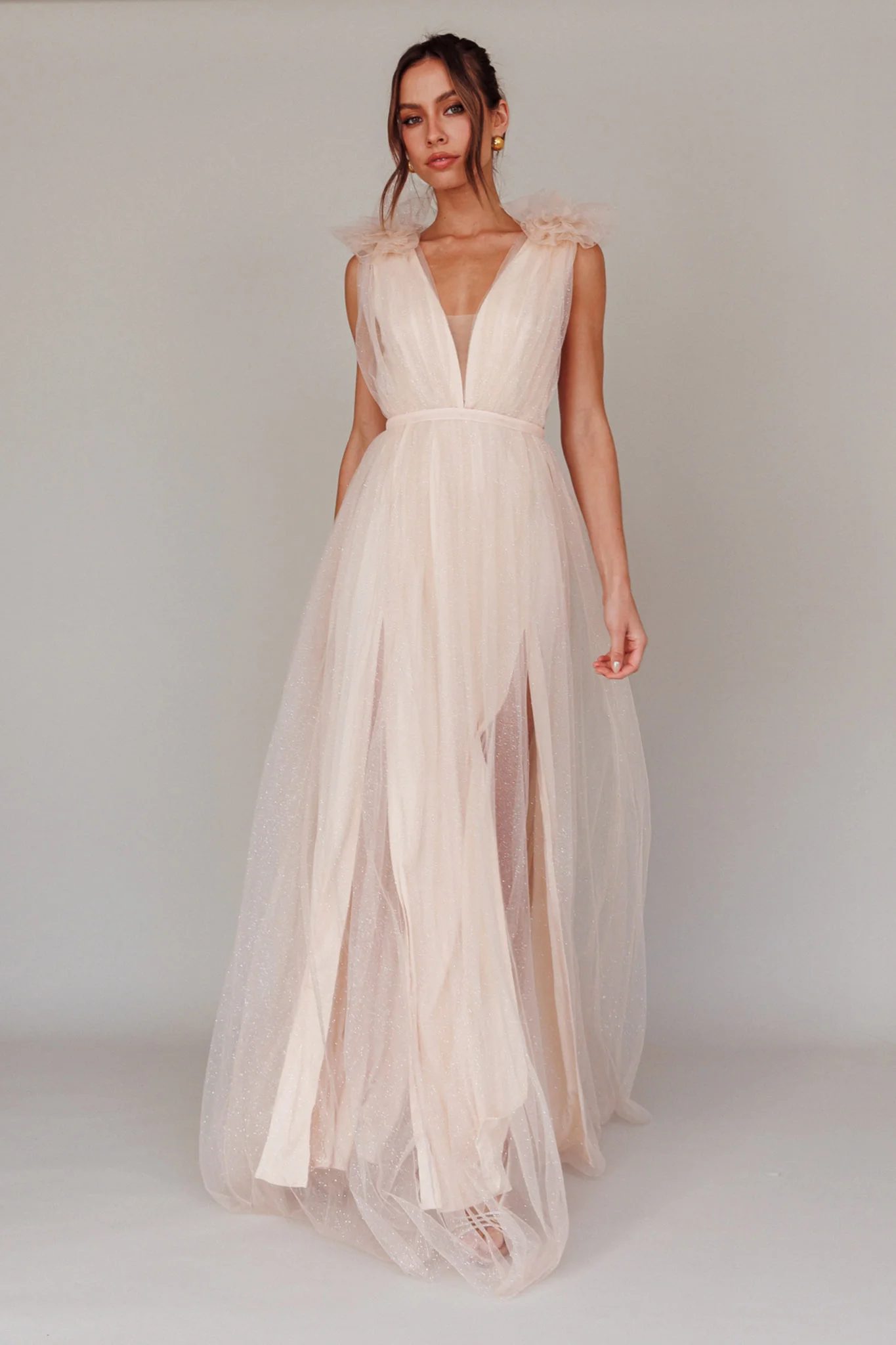 Ludivine Shoulder Accent Mesh Midi Dress Glitter Champagne