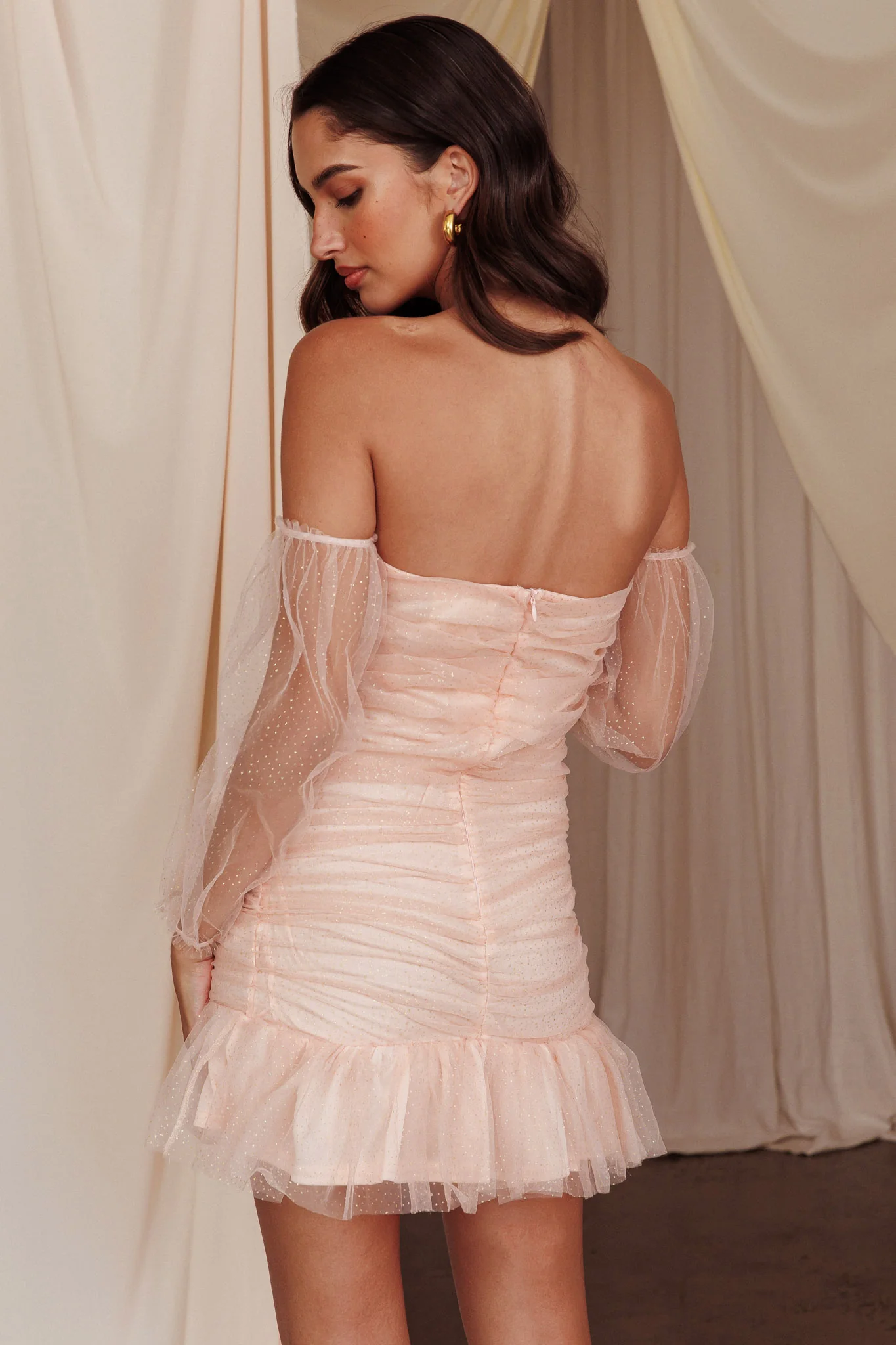 Moment In Time Off-Shoulder Mini Dress Peach/Gold