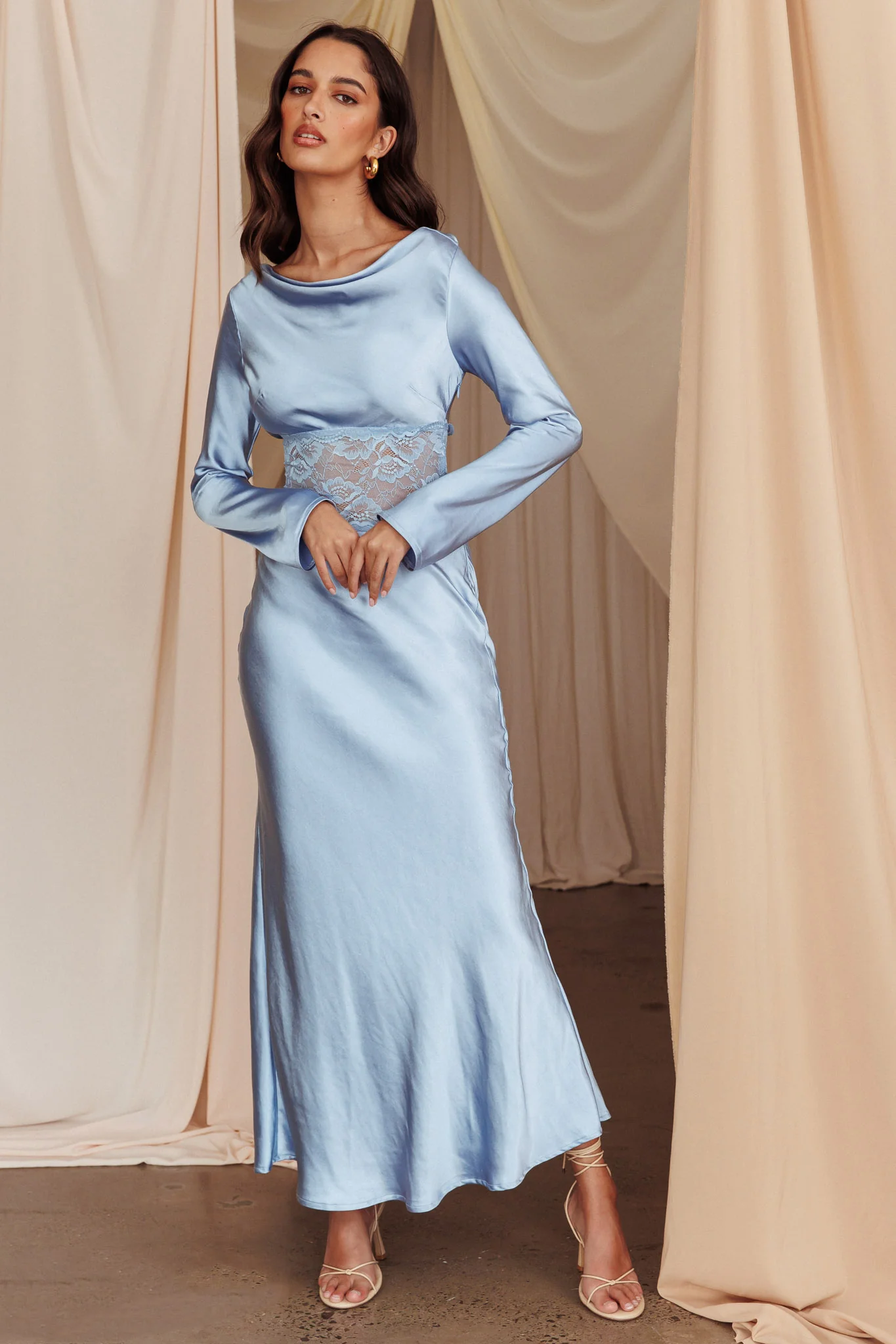 Loveland Lace Insert Cowl Back Dress Blue