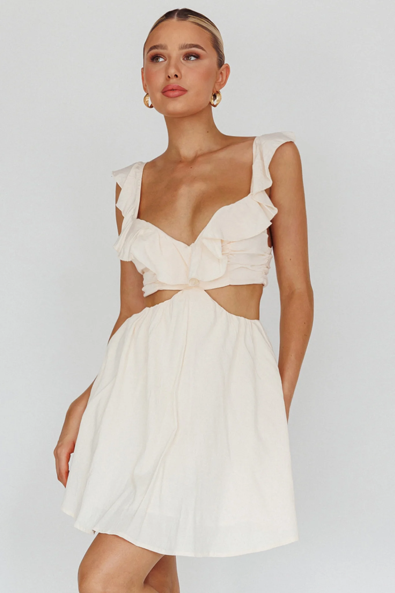 Revel Ruffle Trim Cut-Out Waist Dress Ivory