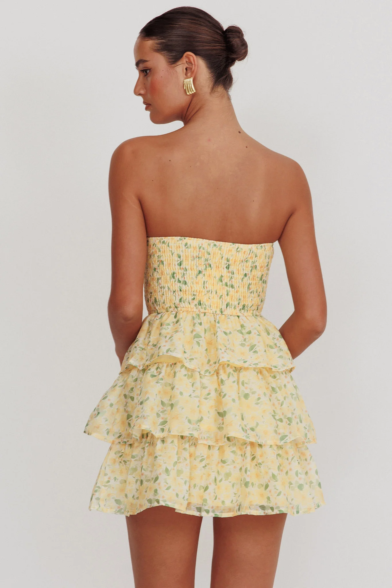 Like Angels Shirred Bodice Ruffle Mini Dress Yellow