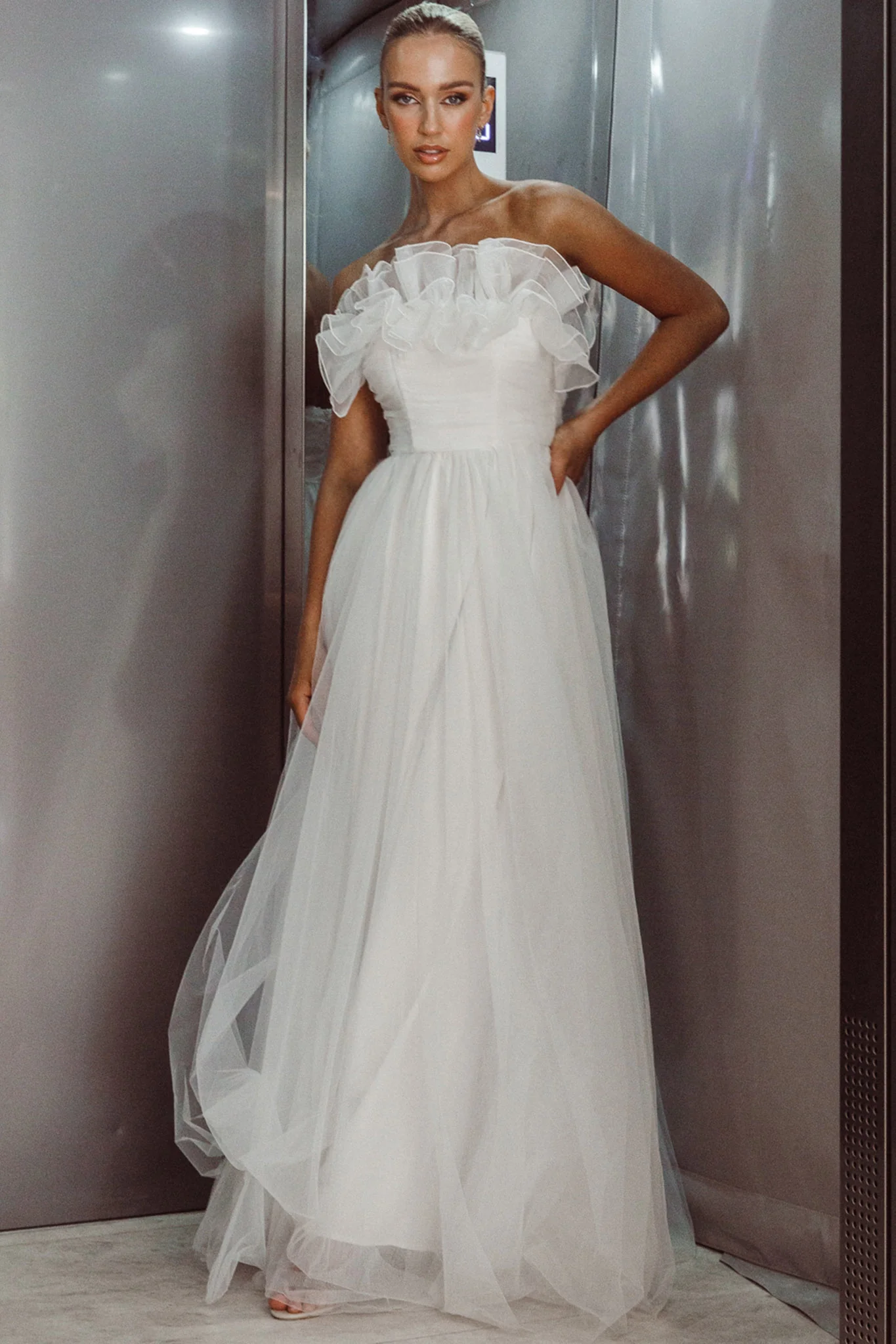 Marietha Organza Frill Maxi Wedding Dress White