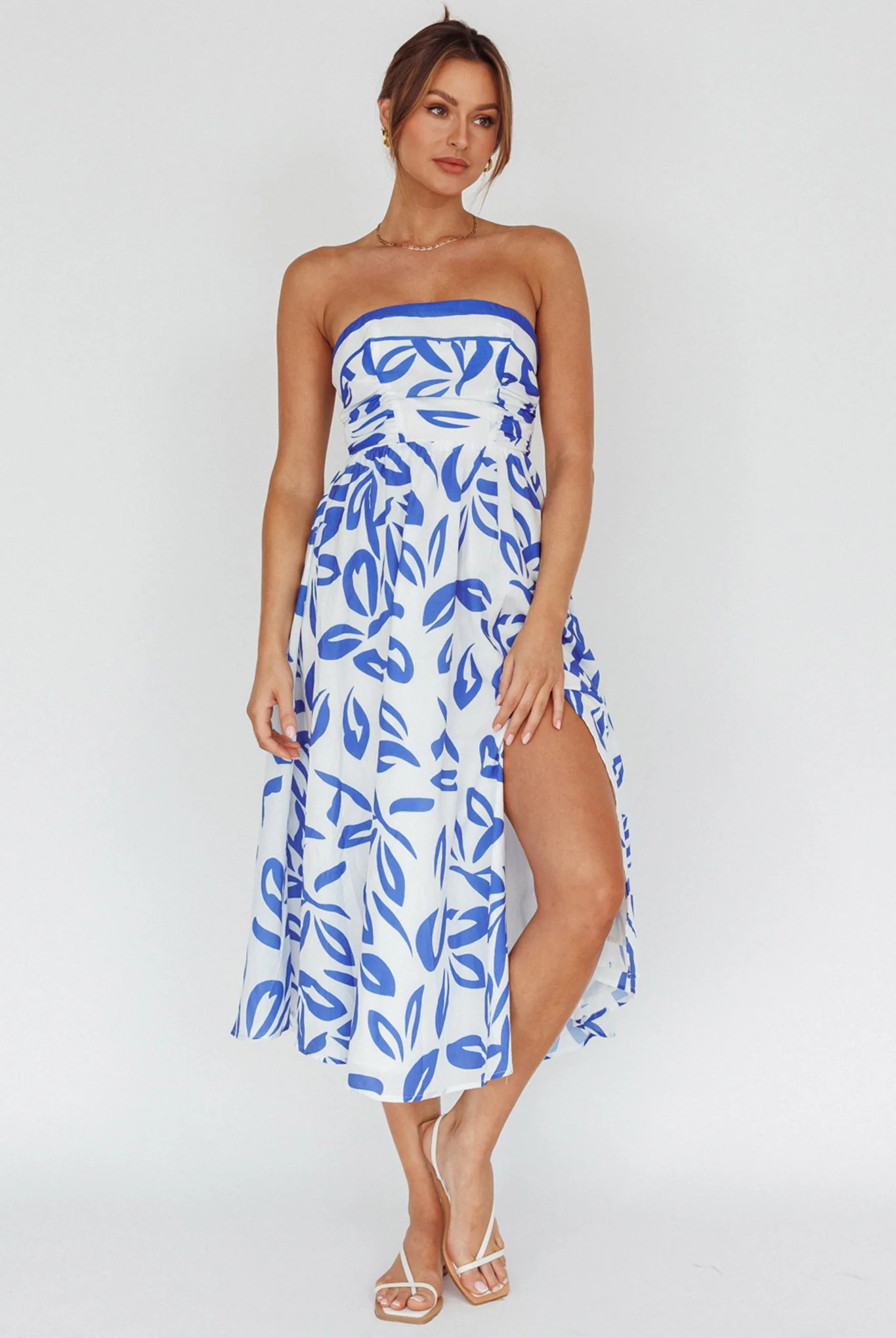 Randi Tie-Back Maxi Dress Leaf Print Blue