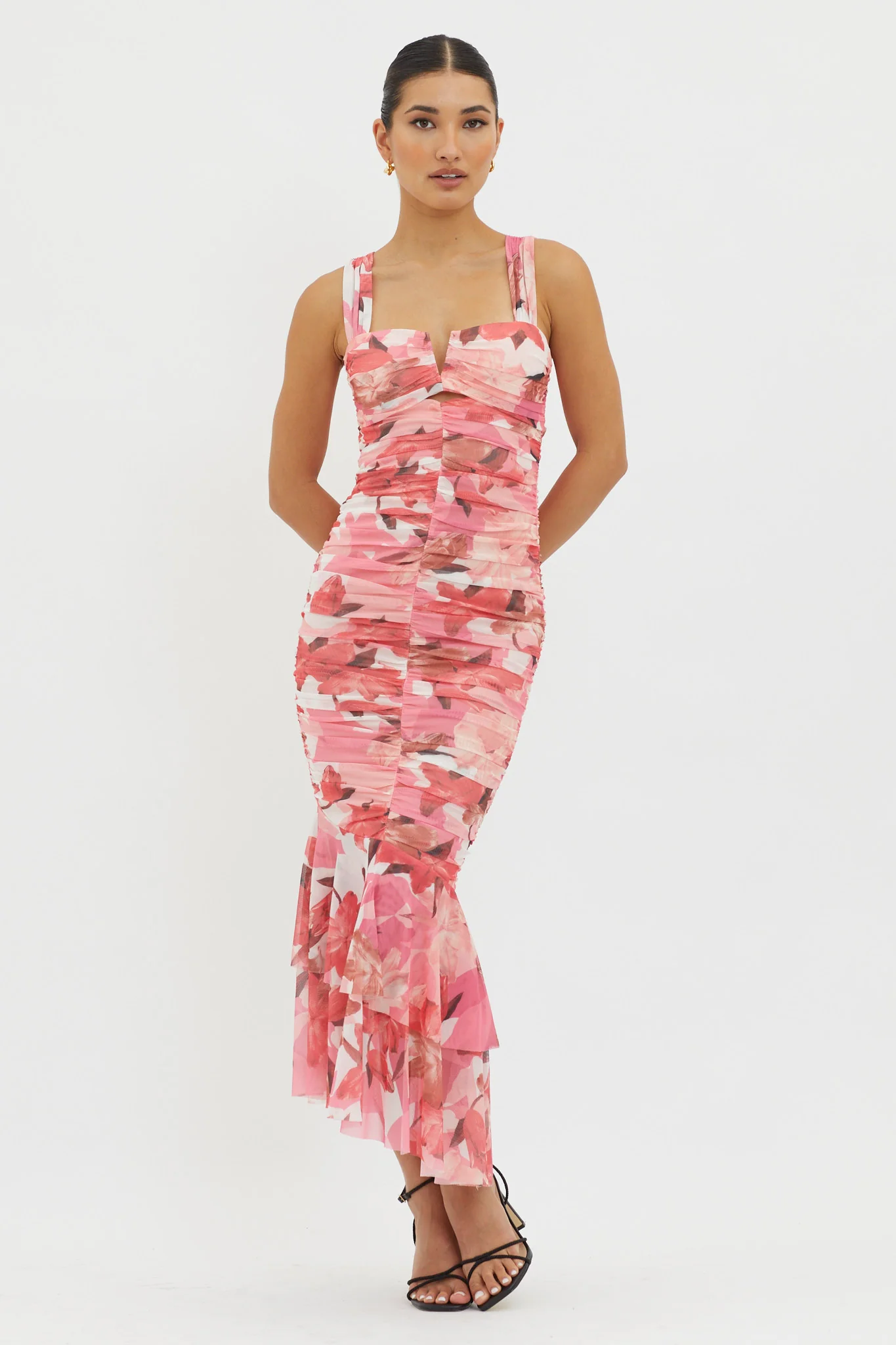 Nadia Ruched Fishtail Midi Dress Floral Pink