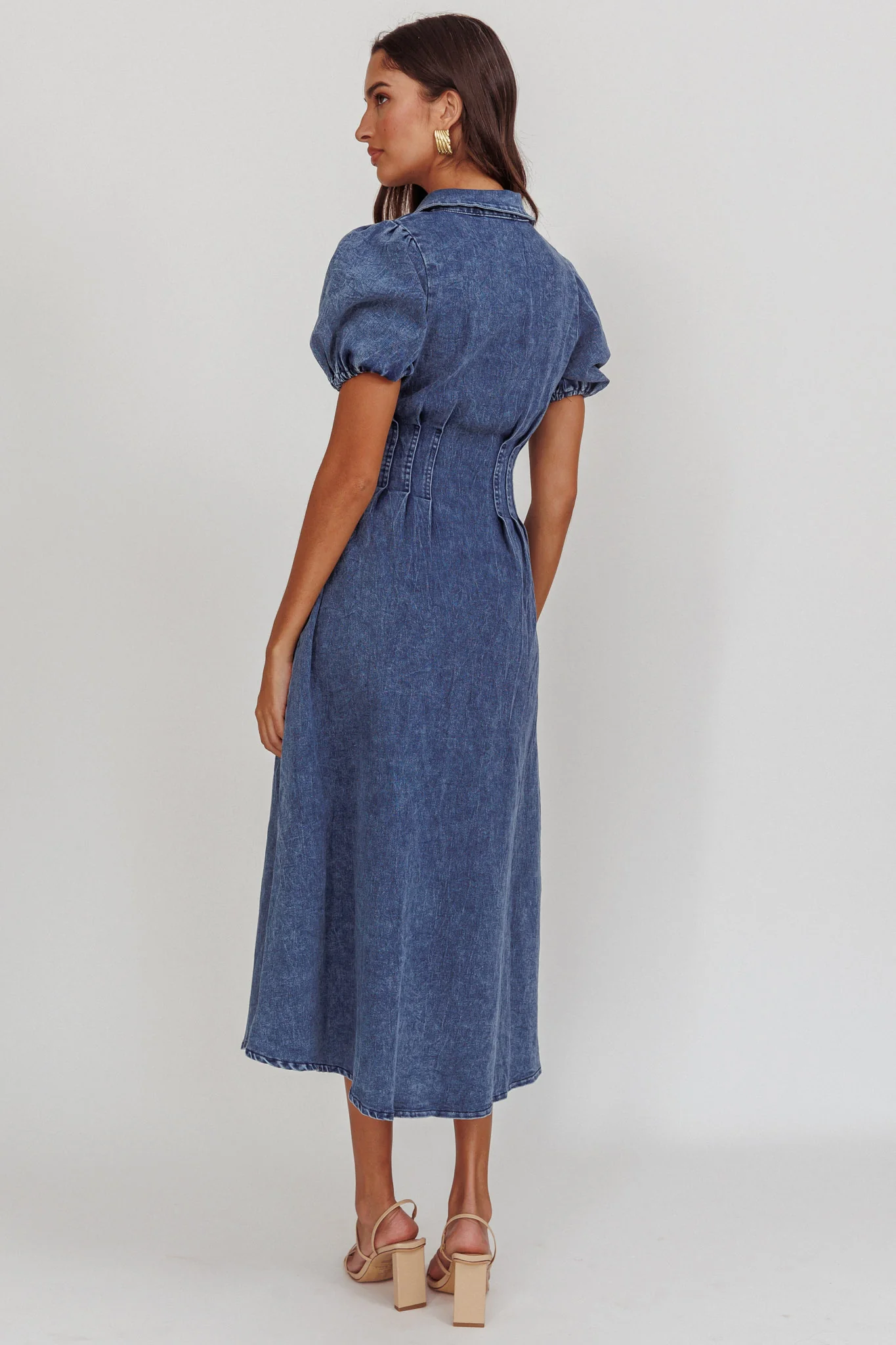 Zurich Pleated Waist Midi Dress Denim Dark Blue
