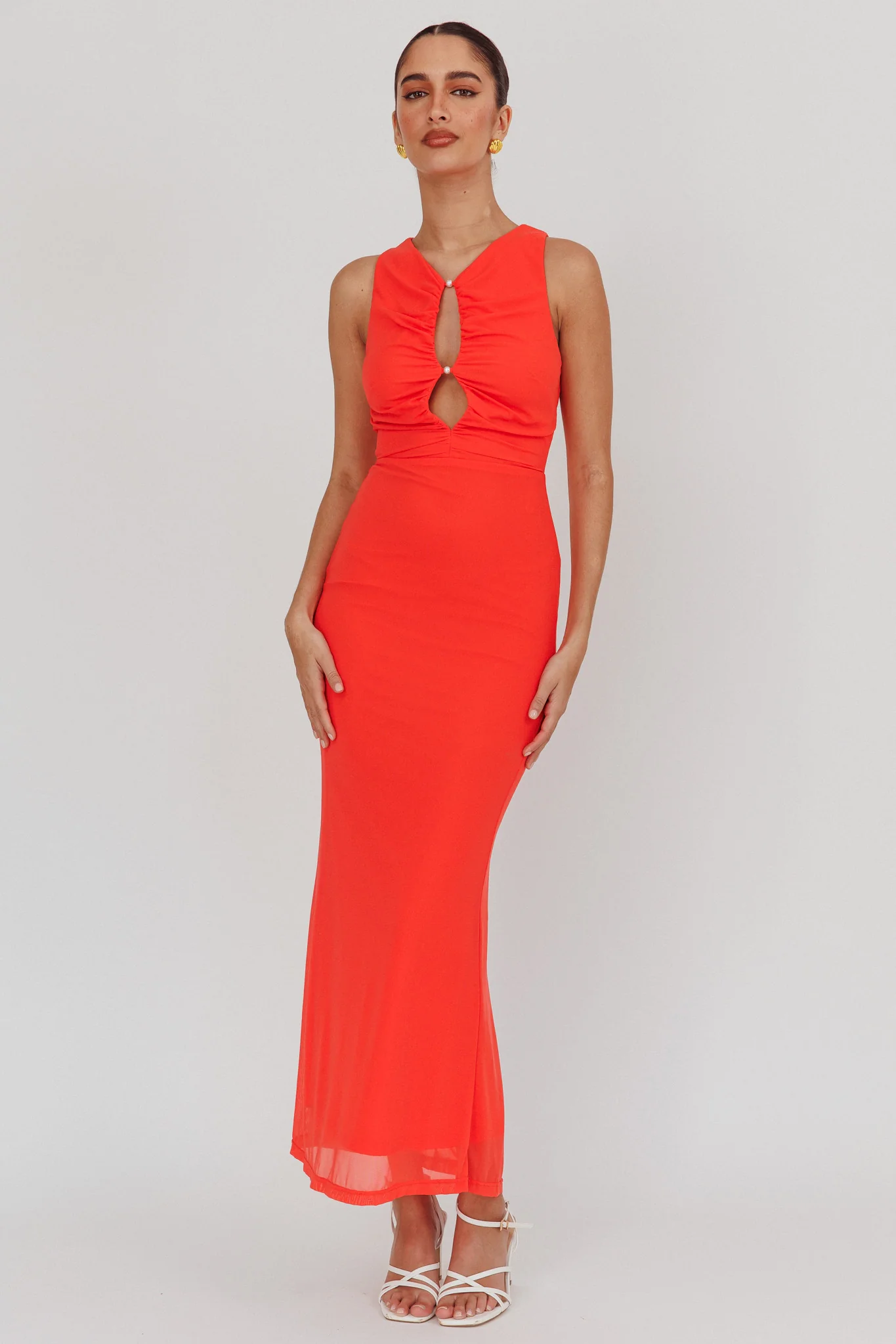 Piece Of Heaven Sleeveless Keyhole Mesh Maxi Dress Red