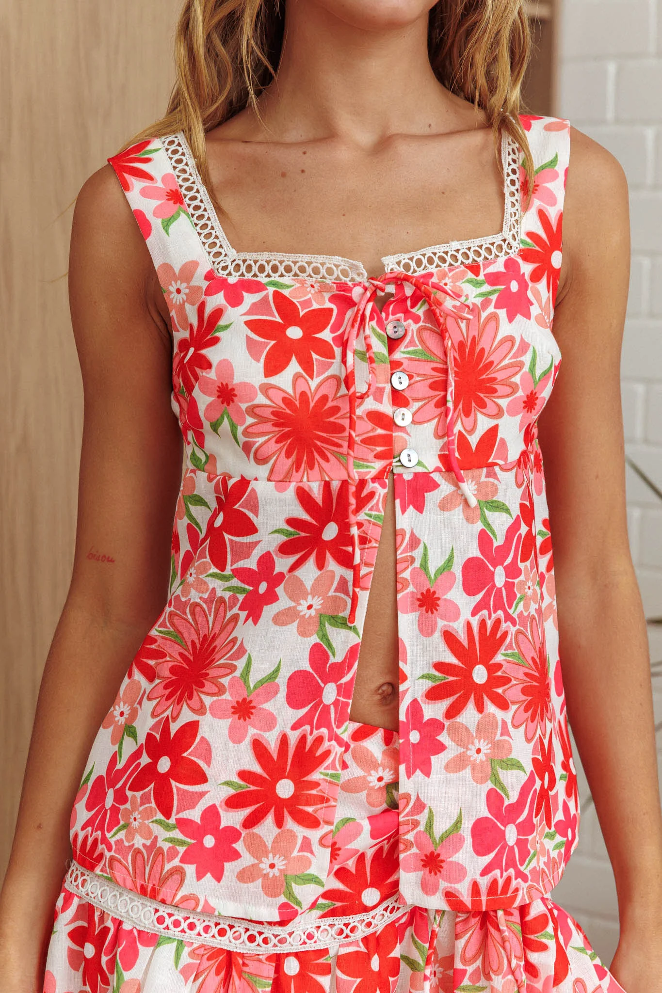 Always Together Button Bust Top Floral Pink