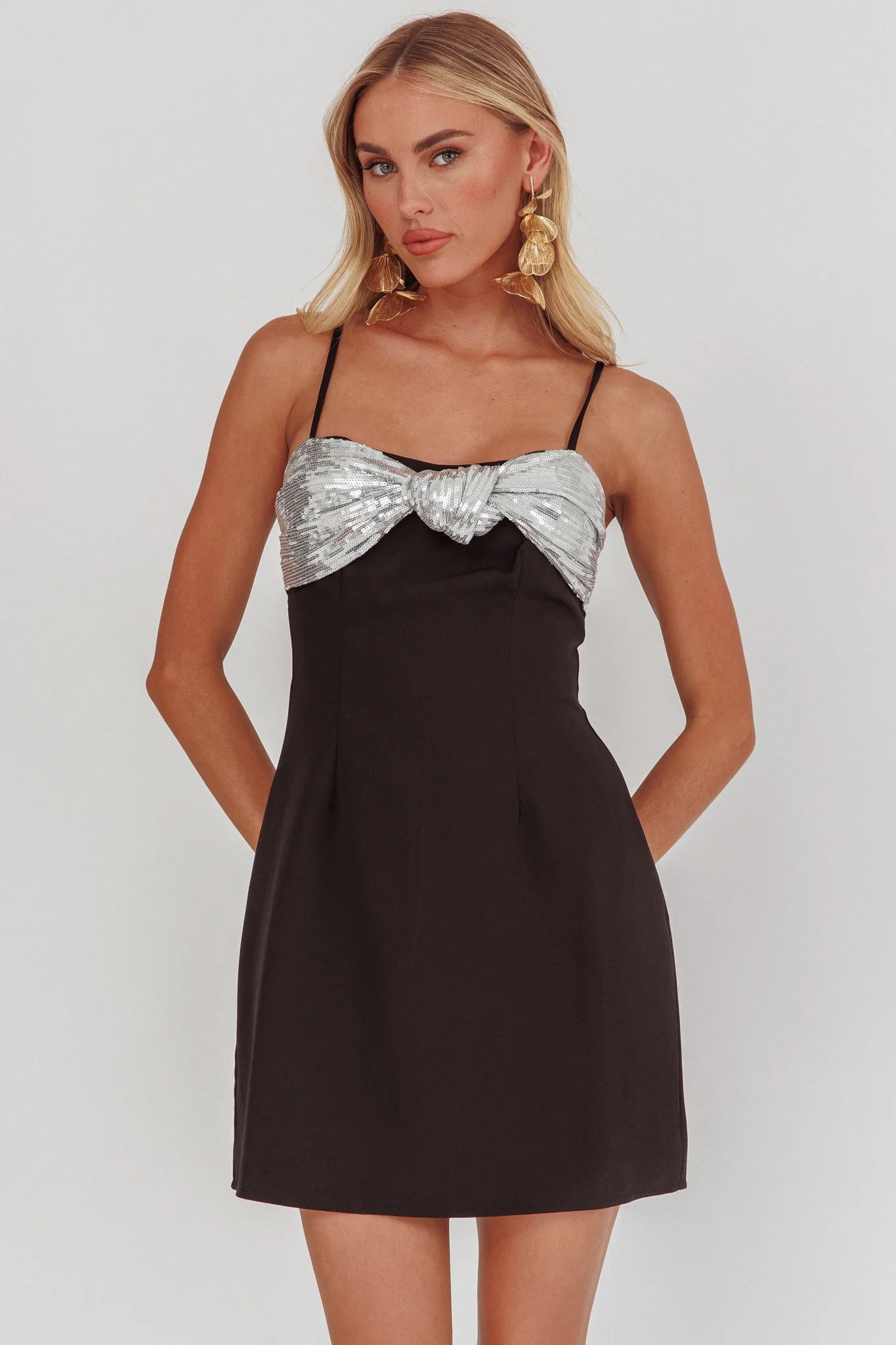 Sweet Caroline Sequin Twist Mini Dress Black/Silver