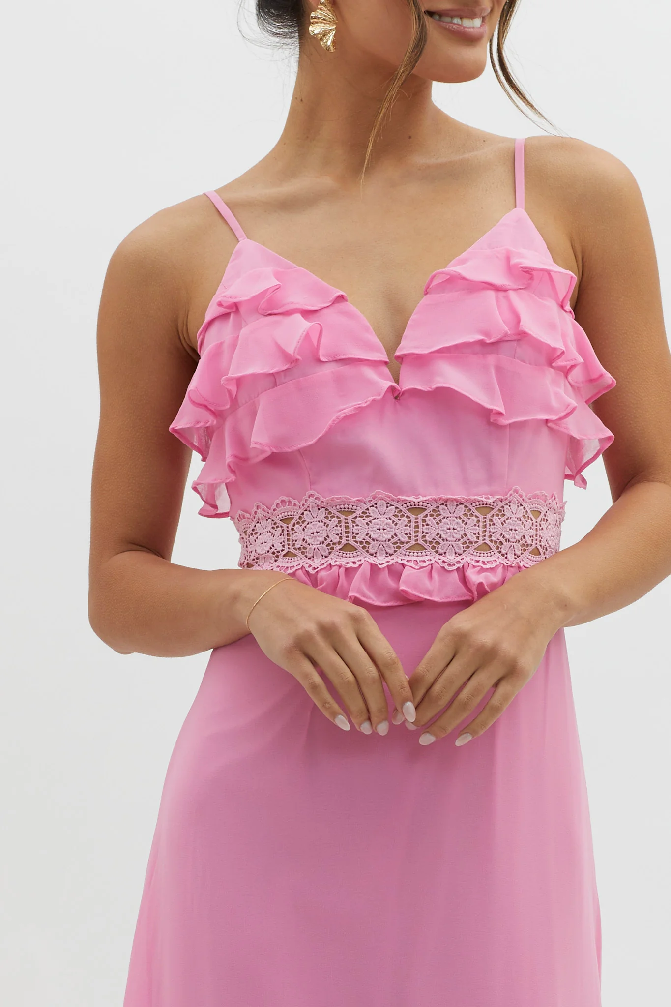 Spirited Ruffle Bust Maxi Dress Pink