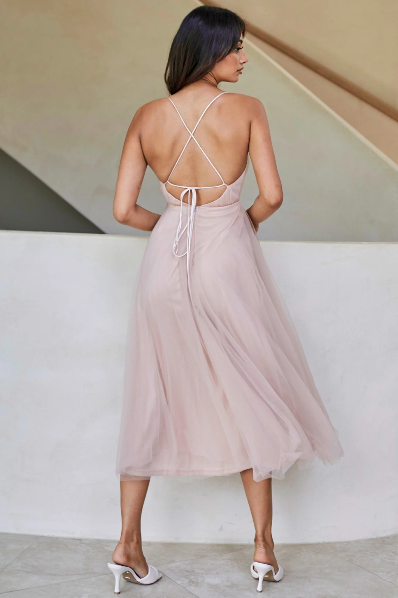 Floating By Plunging Neckline Mesh Overlay Midi Dress Apricot