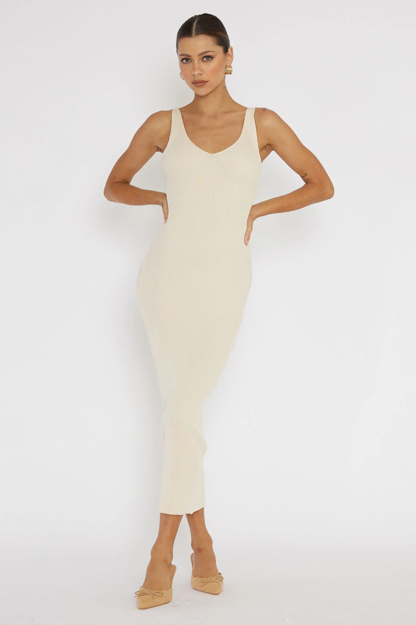 Linzi Lace-Up Back Knit Midi Dress Cream