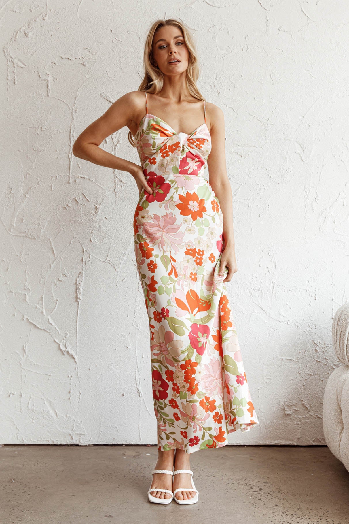 Sea Change Twist Bust Midi Dress Floral White