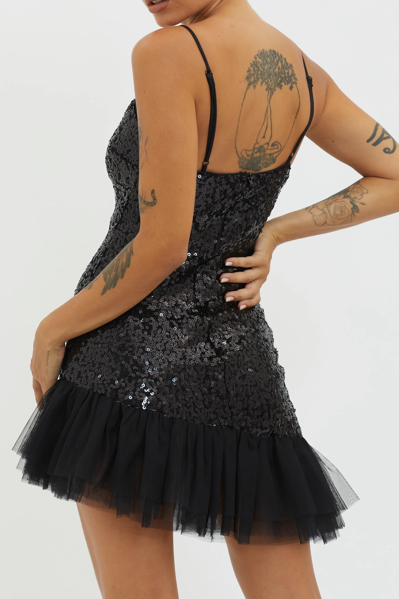 Sassafras Tulle Hem Sequin Mini Dress Black
