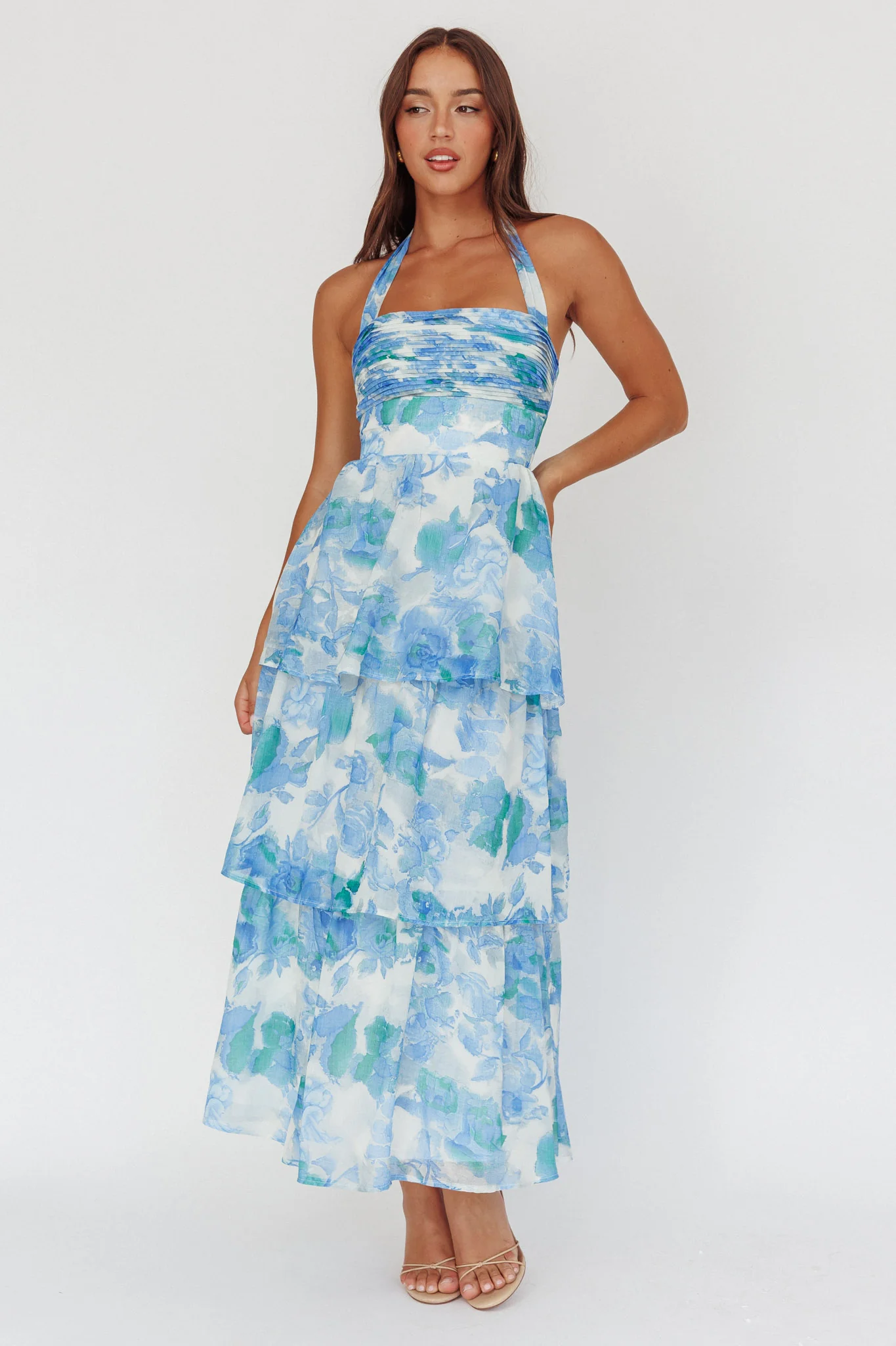 Seascape Halterneck Layered Maxi Dress Floral Blue