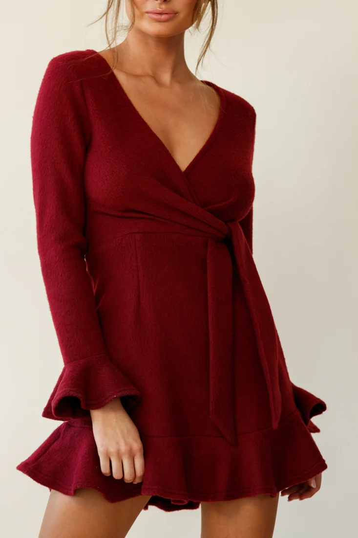 Shalini Flared Cuff Surplice Neckline Knit Dress Wine