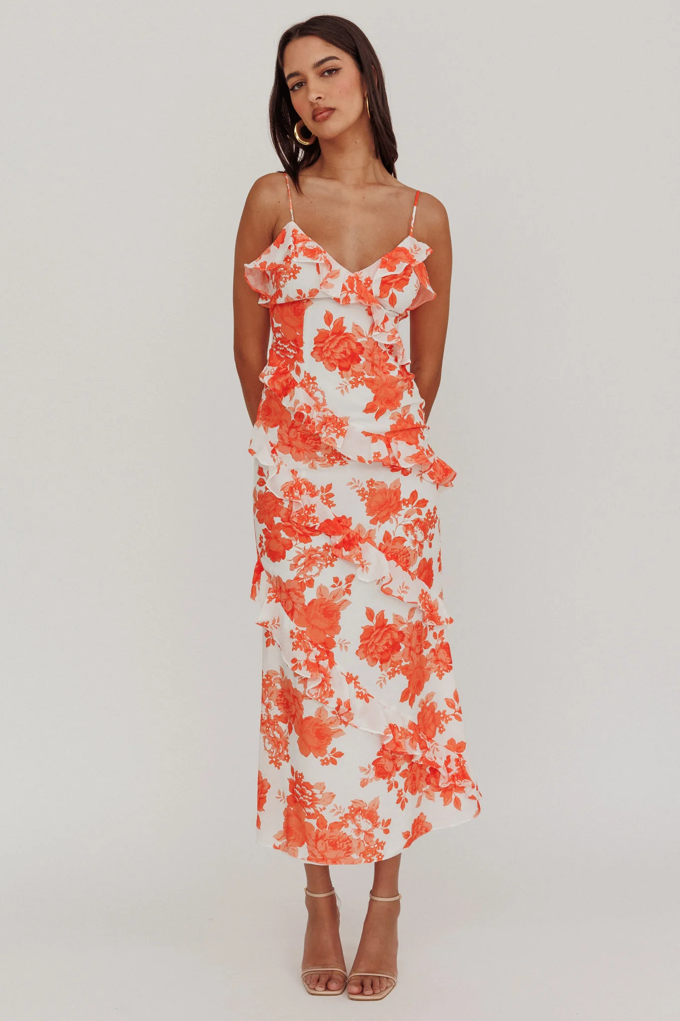 Silvana Frill Trim Maxi Dress Floral Orange