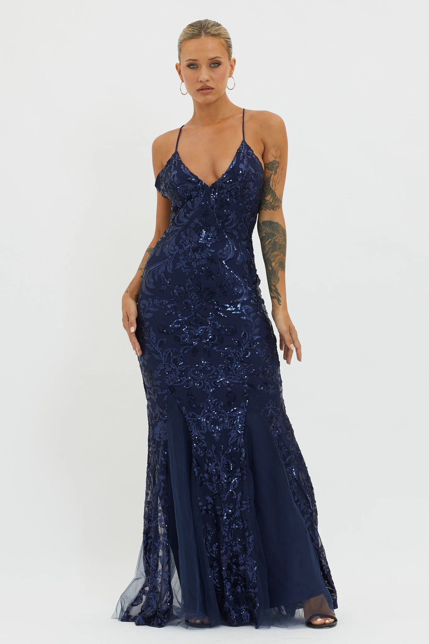 Serenade Song Godet Hem Sequin Maxi Dress Navy