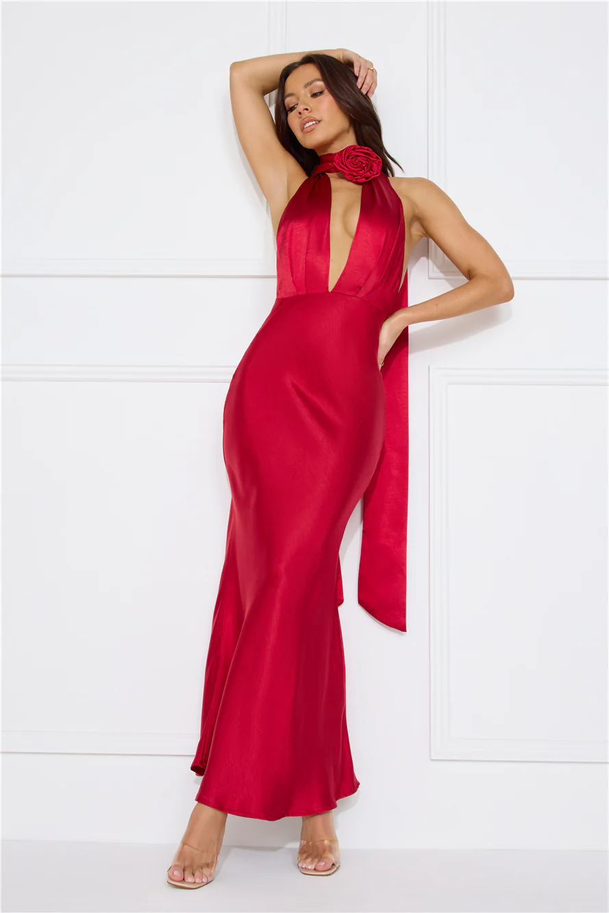 Stolen Style Points Halter Satin Maxi Dress Red
