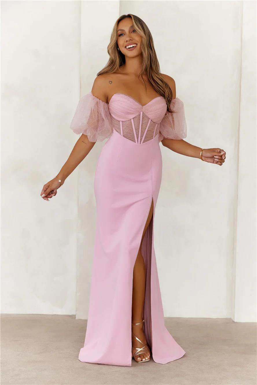 Champagne Soir��e Off Shoulder Maxi Dress Pink