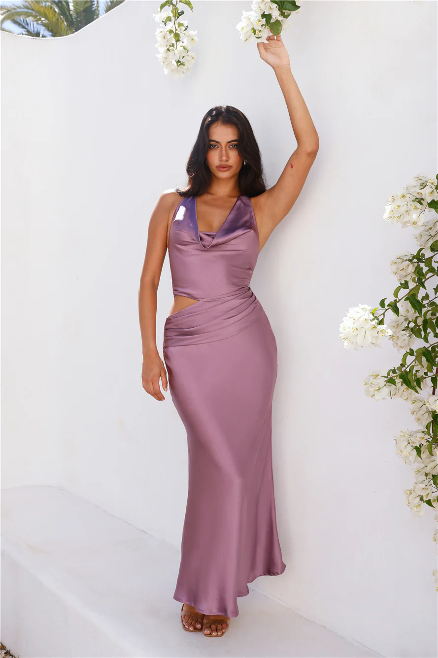 All The Invites Halter Satin Maxi Dress Purple
