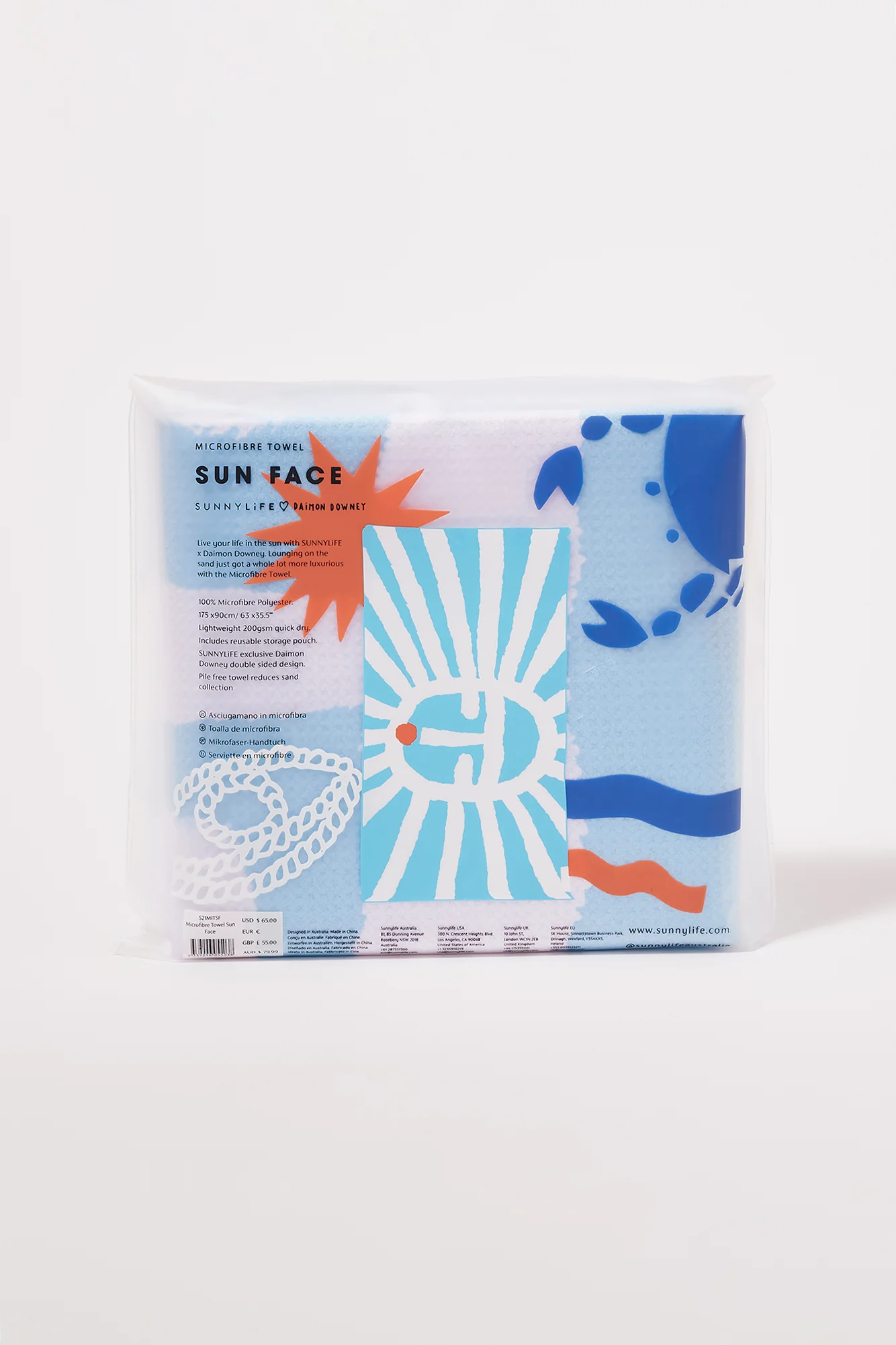 SUNNYLIFE Microfibre Towel Sun Face Blue White