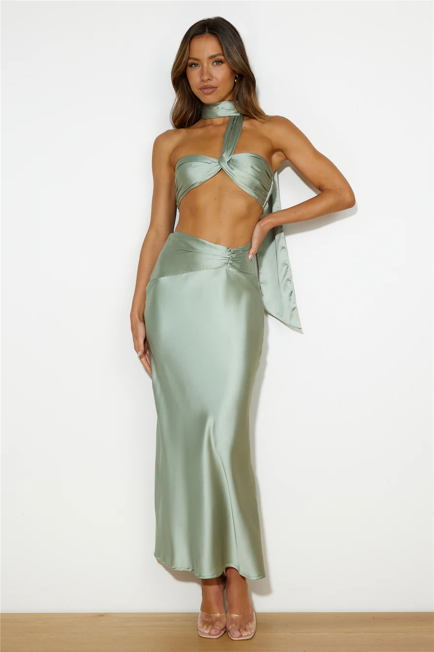 Ideal Vision Satin Maxi Skirt Sage