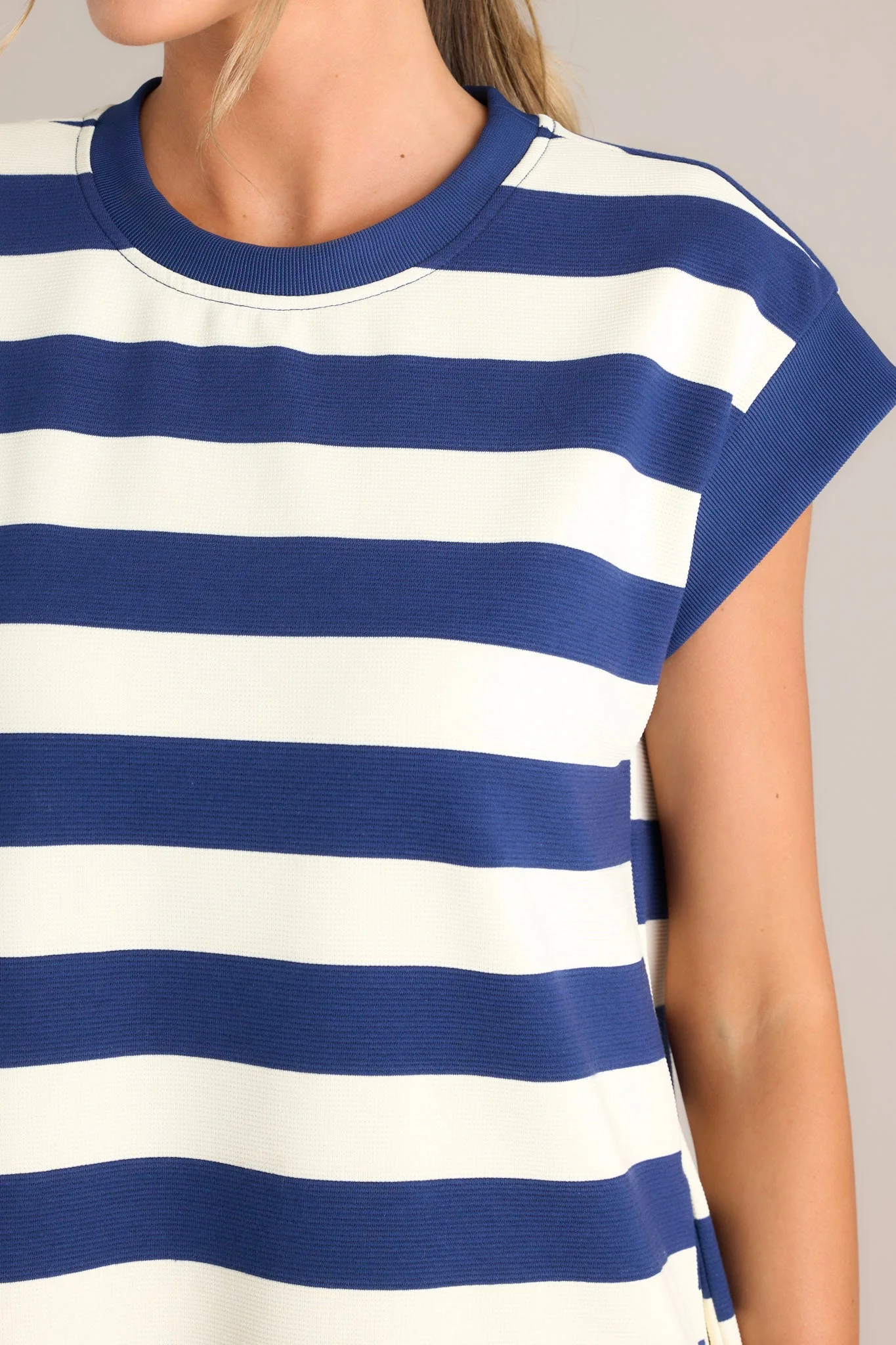 Harmony Horizon Navy Stripe Cap Sleeve Mini Dress