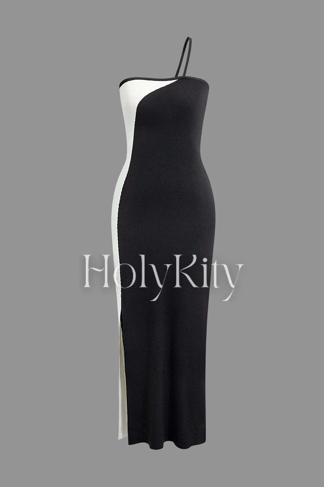 Contrast One Shoulder Cami Slit Knit Maxi Dress