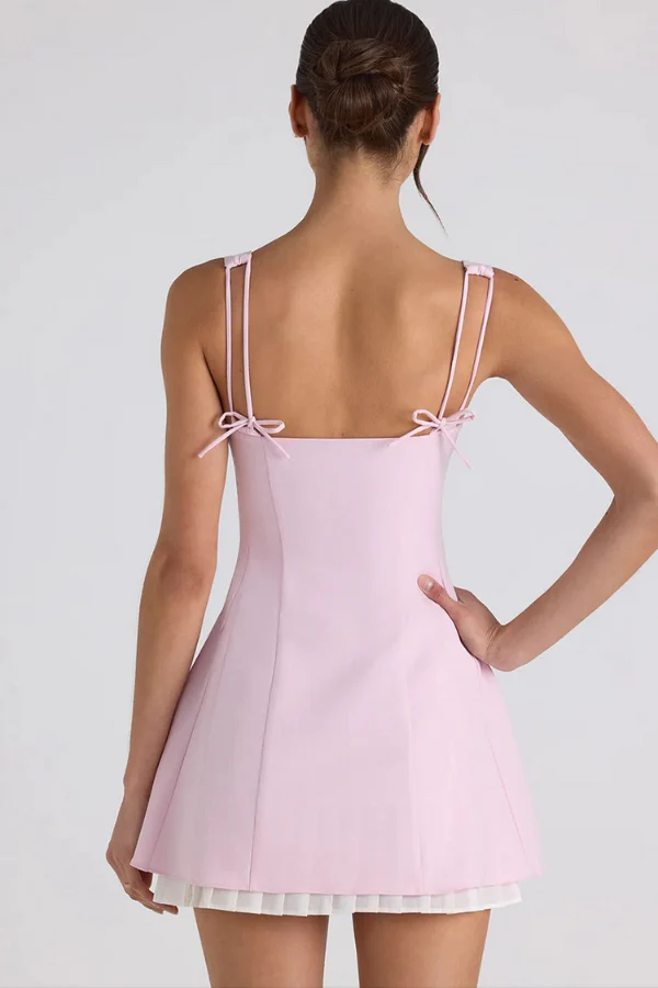 Boat Neck Bow Decor Cinch Waist Pleated Hem Slip Mini Dresses-Pink