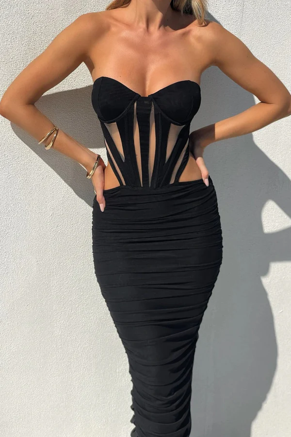 Contrast Sexy Backless Mesh Splicing Tube Top Maxi Dress