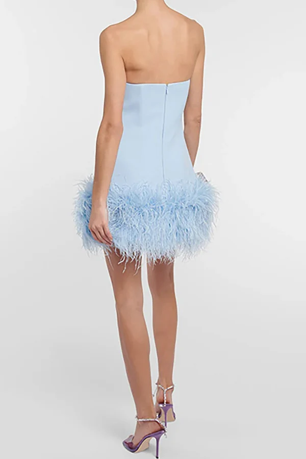 Boat Neck Strapless Feather Patchwork Mini Dresses-Blue