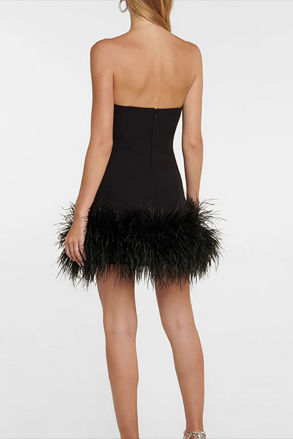 Boat Neck Strapless Feather Patchwork Mini Dresses-Blue