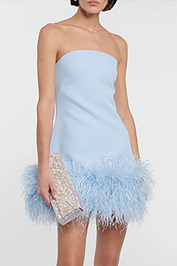 Boat Neck Strapless Feather Patchwork Mini Dresses-Blue