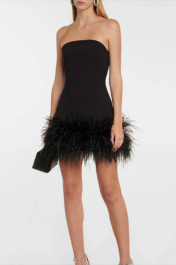 Boat Neck Strapless Feather Patchwork Mini Dresses-Blue