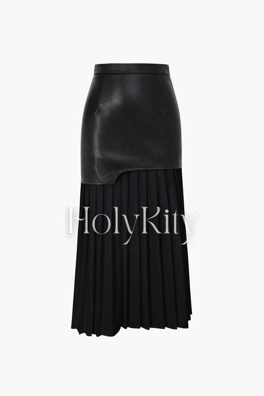 Contrast Pleated Faux Leather Midi Skirt