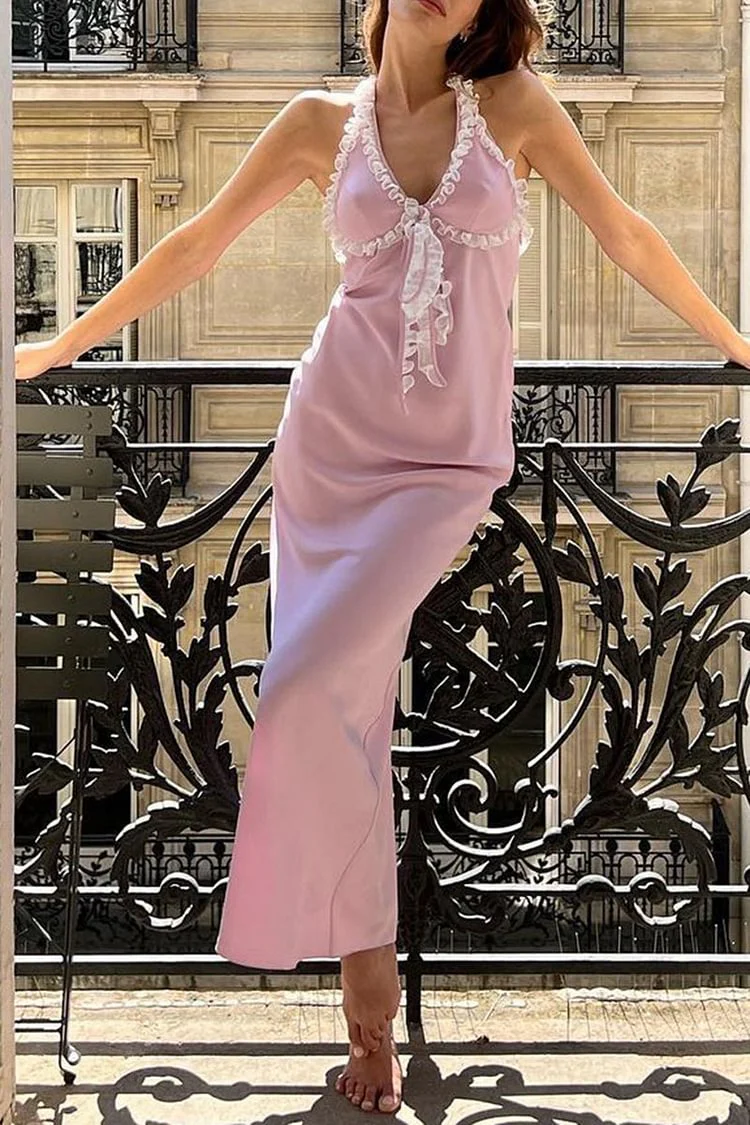 CONTRAST RUFFLE TRIM HALTER V NECK MIDI DRESSES