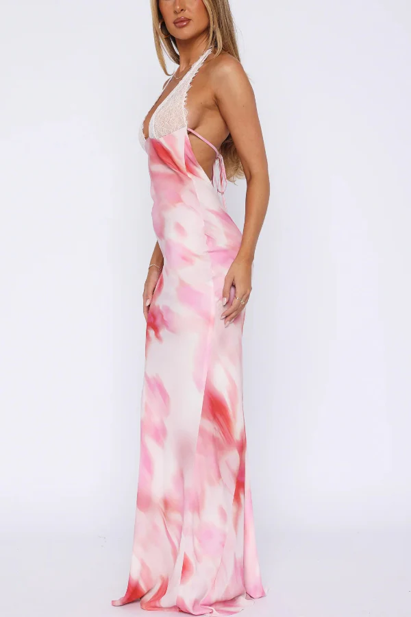 Contrast Print Halter Neck Slim V-Neck Maxi Dress