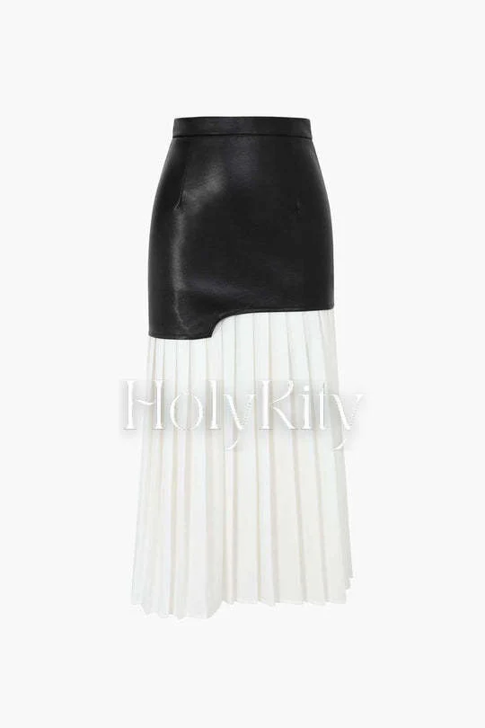 Contrast Pleated Faux Leather Midi Skirt