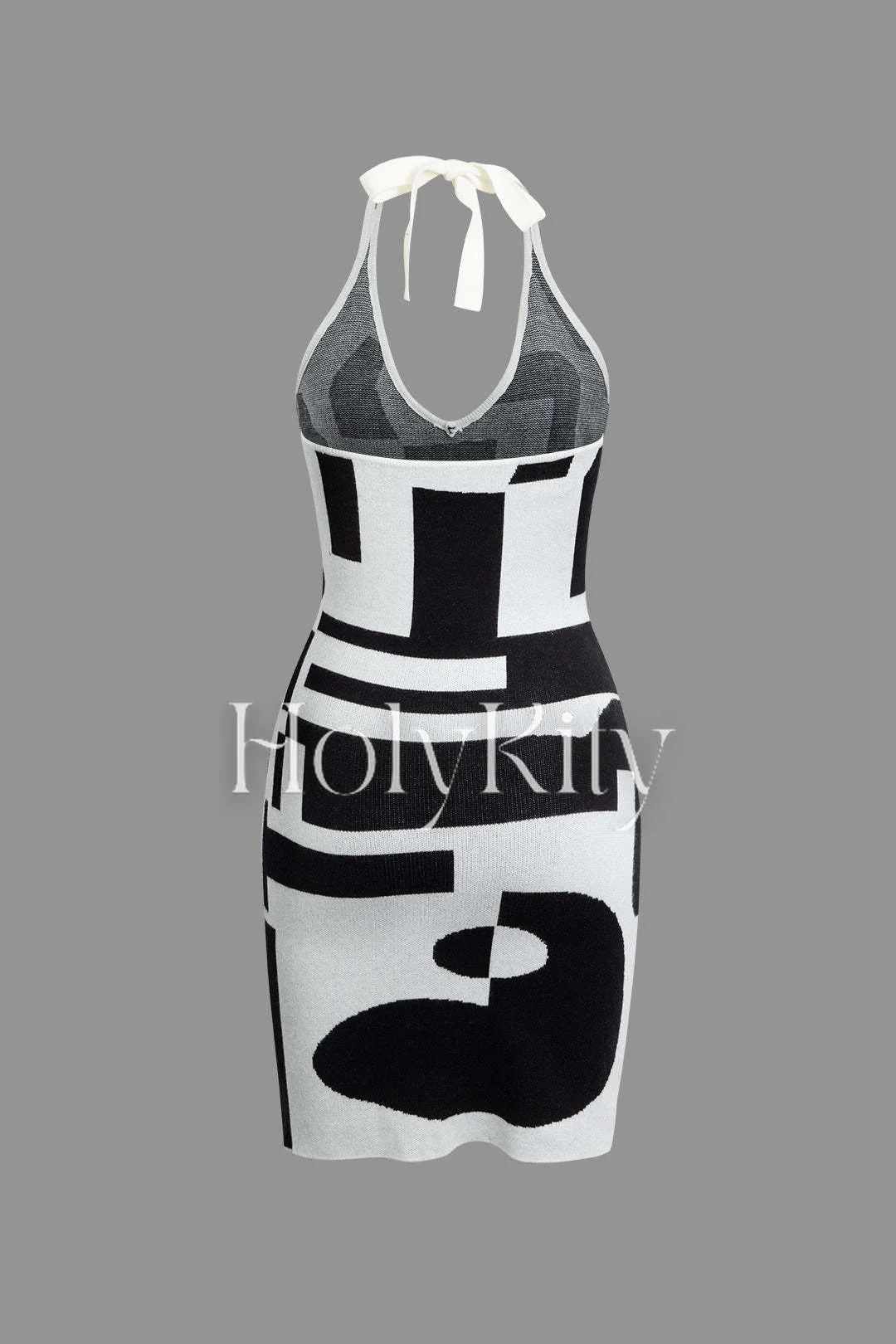 Contrast Pattern V-neck Tie Halter Knit Mini Dress