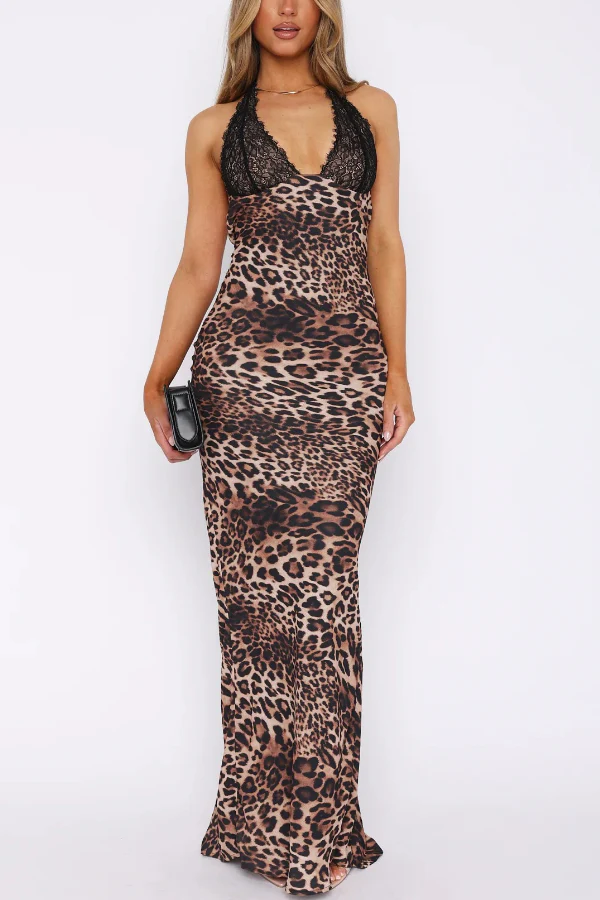 Contrast Print Halter Neck Slim V-Neck Maxi Dress