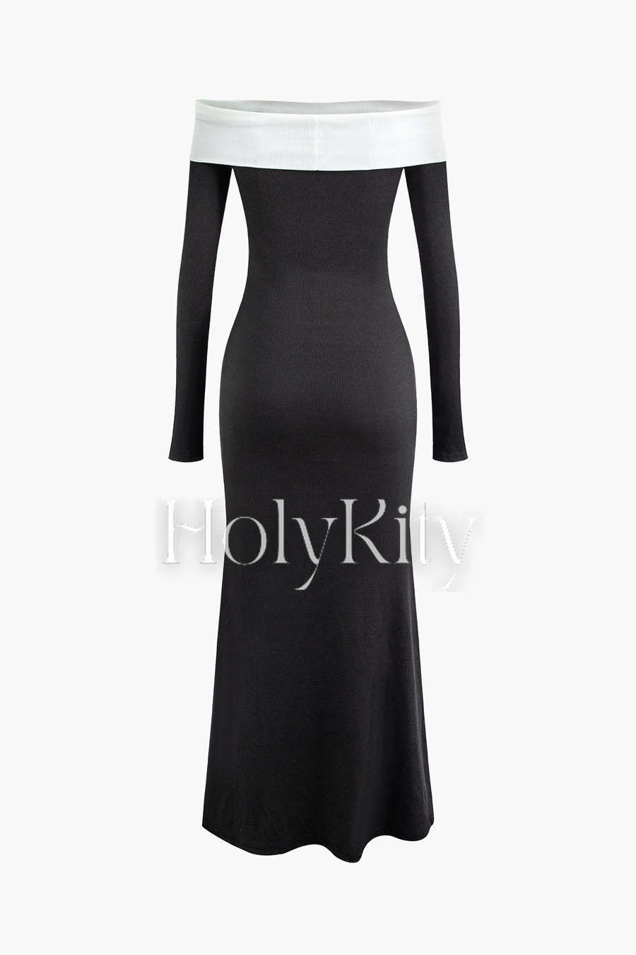 Contrast Off Shoulder Long Sleeve Maxi Dress