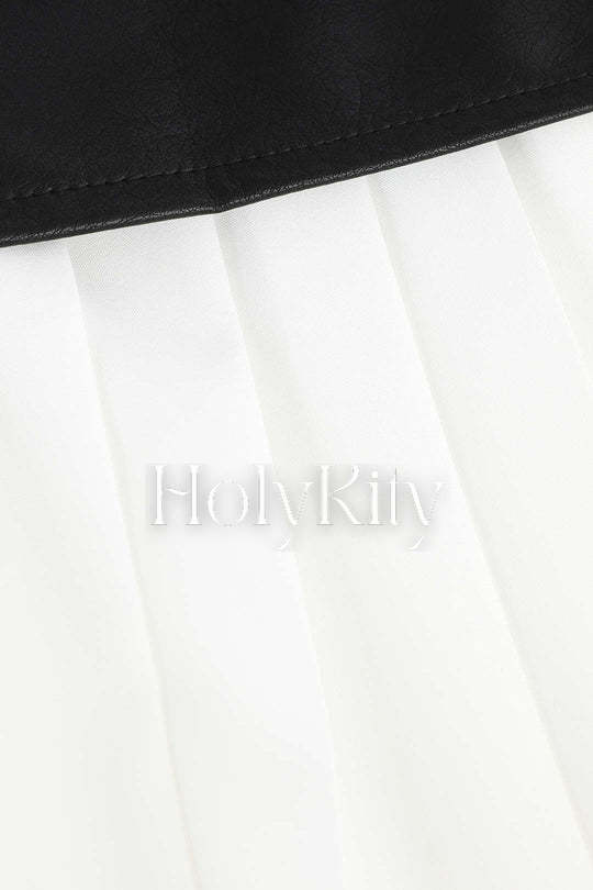 Contrast Pleated Faux Leather Midi Skirt
